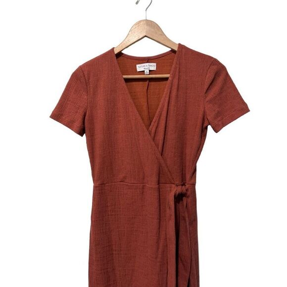 Madewell Texture & Thread Short Sleeve V-Neck Side Tie Wrap Dress Brown Size XS - Picture 2 of 12